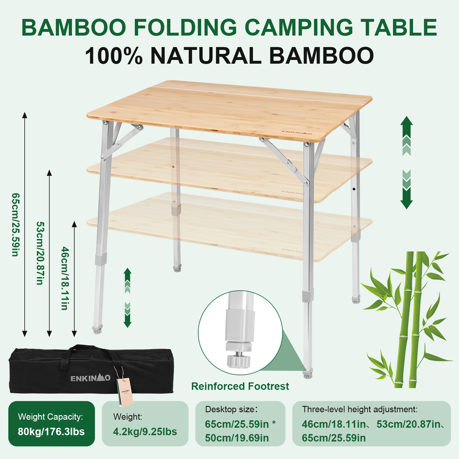 Camping Cooking Table Foldable - Adjustable Height Folding Bamboo Camping Table